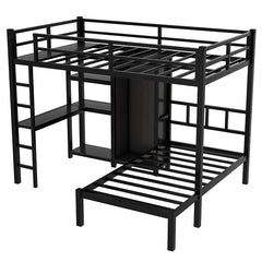 Bellemave® Full XL over Twin Metal Bunk Bed with Desk and Bookshelf ,Storage Shelves and Wardrobe