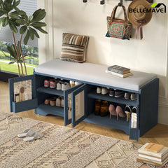 Antique navy and beige rustic storage bench for entryway