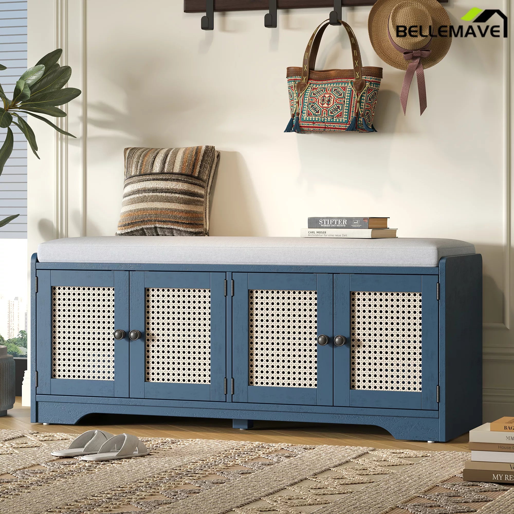 Antique navy storage bench with woven rattan doors