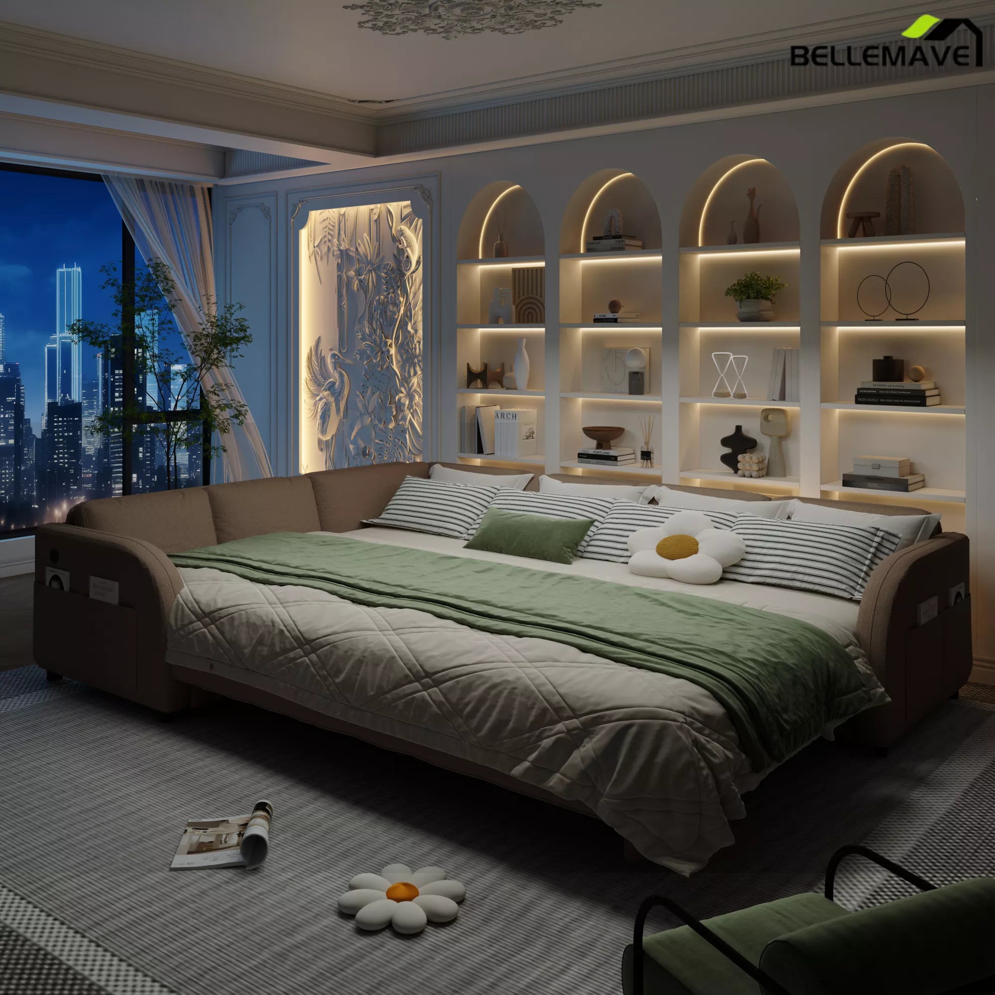 Brown sleeper sofa bed nighttime view