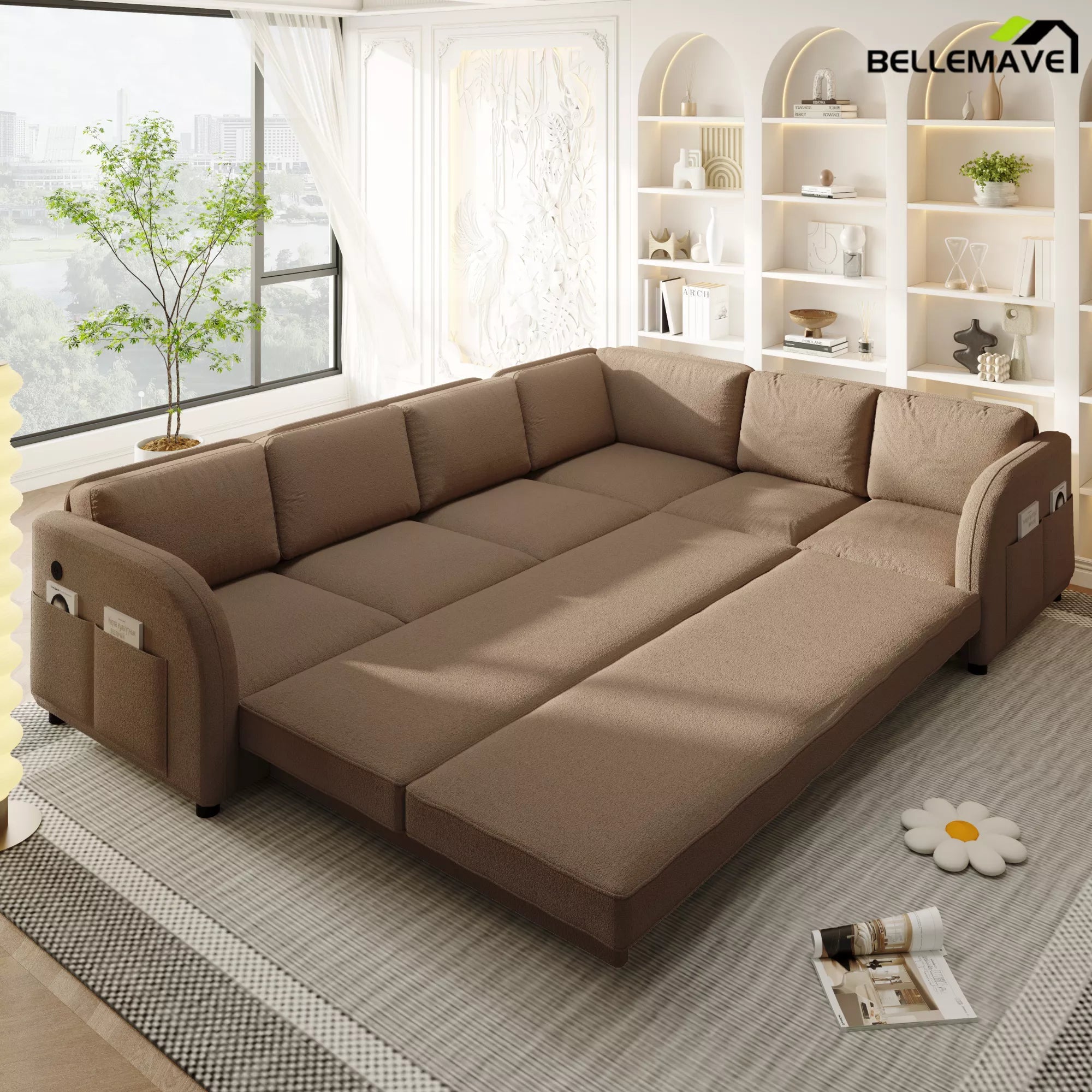 Brown sectional sofa bed front view