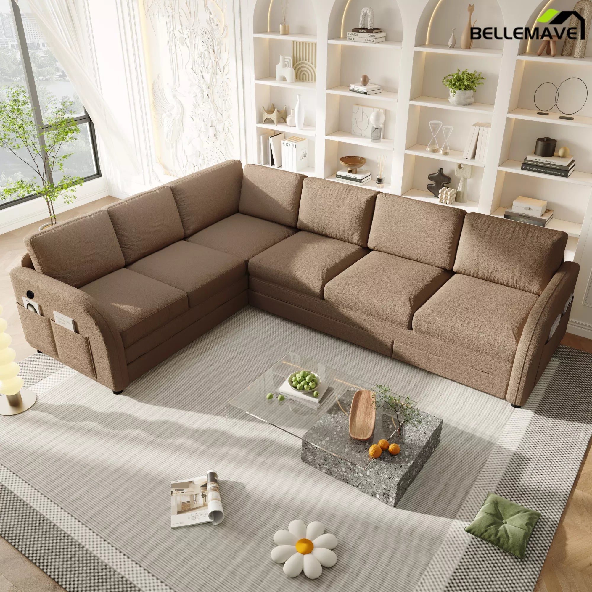Brown L shaped sofa side angle view