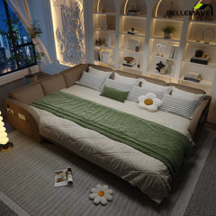 Brown sofa bed nighttime sleeping setup