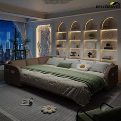 Brown sleeper sofa bed nighttime view