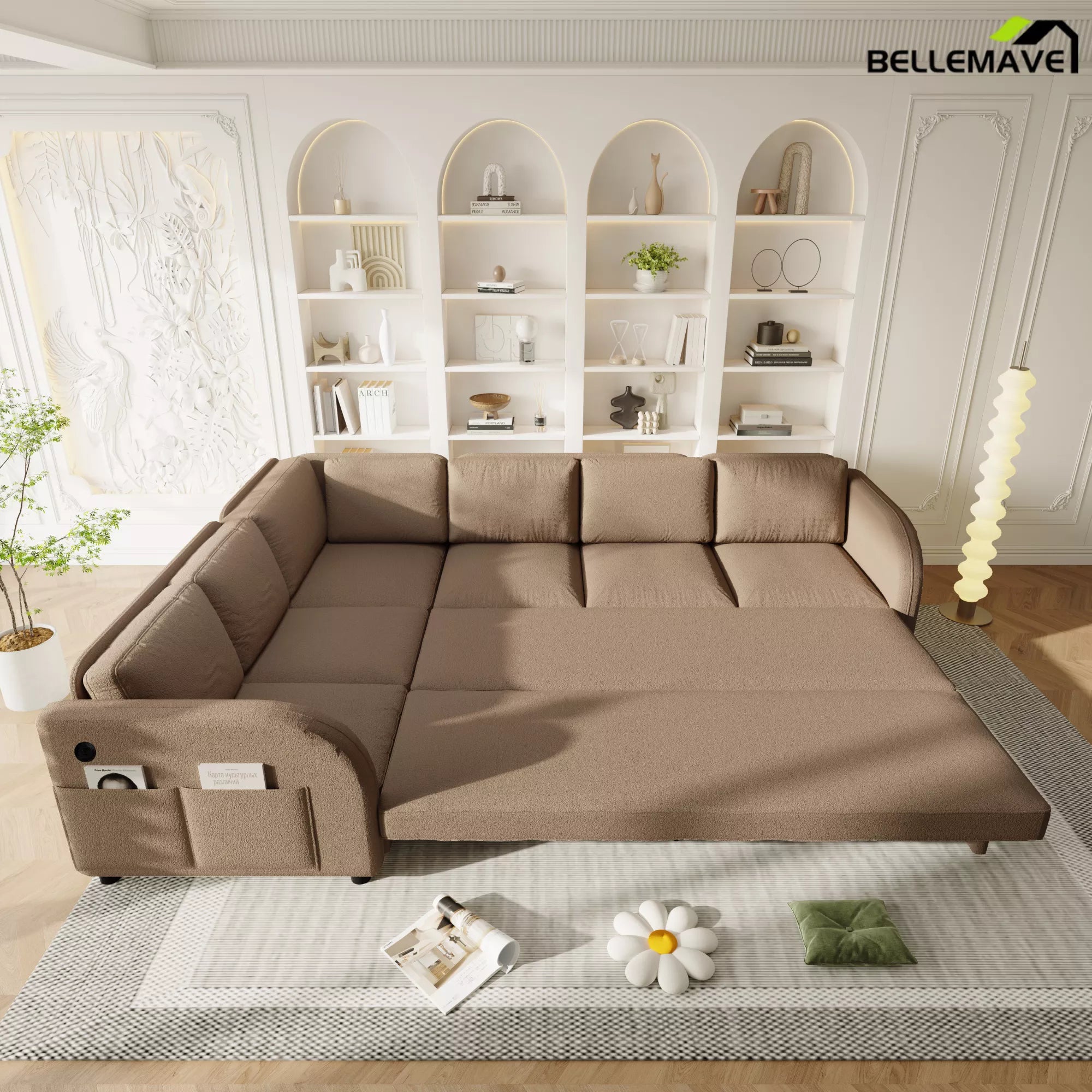 Brown L shaped sofa converted into bed
