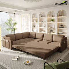 Brown sectional sofa bed with pull out design