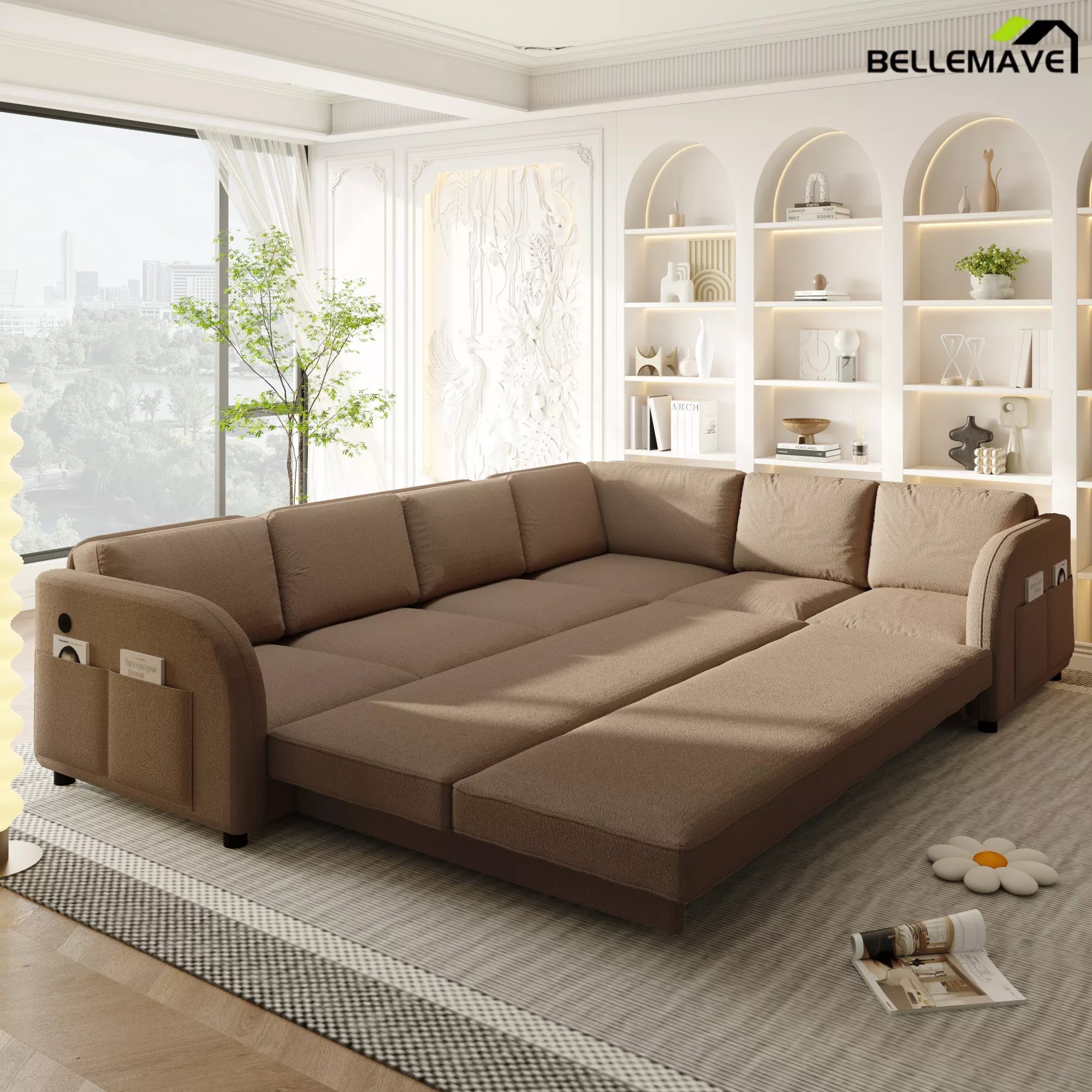 Brown sleeper sofa bed extended position