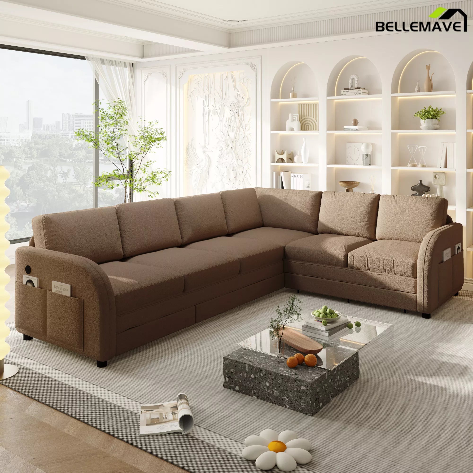 Brown L shaped sofa couch living room view