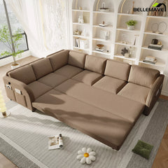 Brown pull out sleeper sofa fully opened