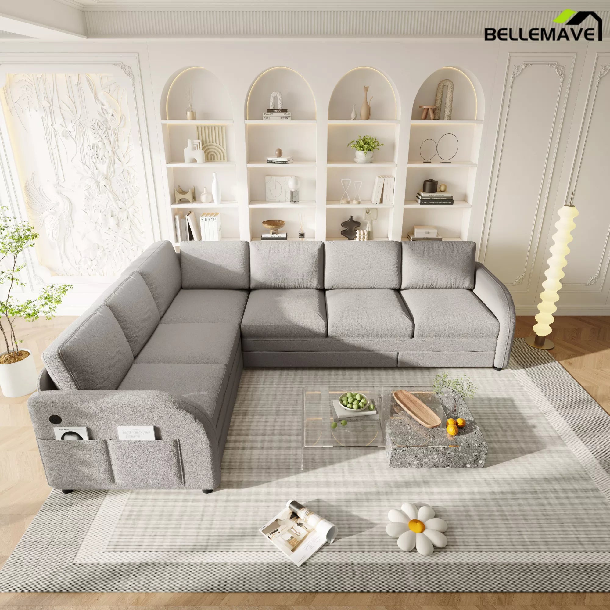 Gray sleeper sofa converted into bed