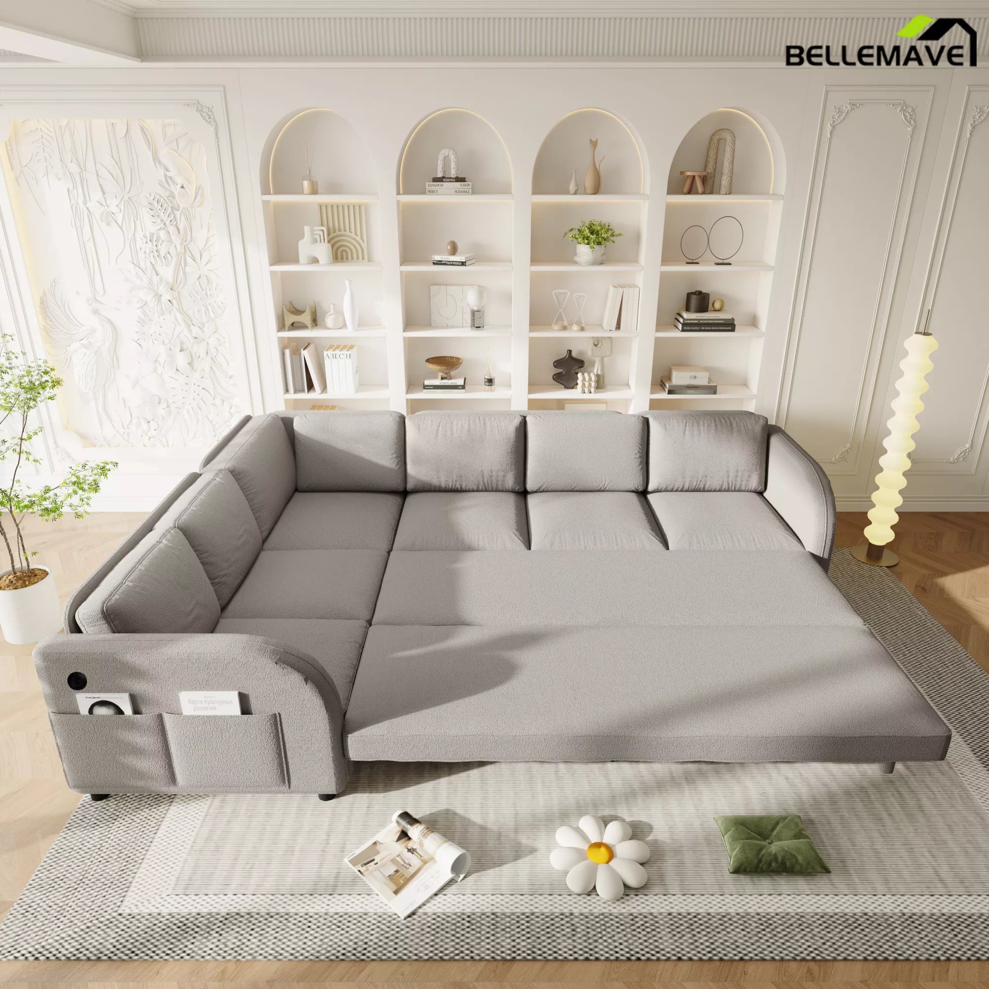 Gray sectional sofa converted into sleeping bed