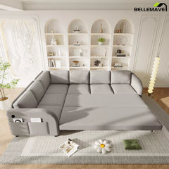 Gray sectional sofa converted into sleeping bed