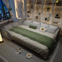 Gray sofa bed nighttime bedroom setup