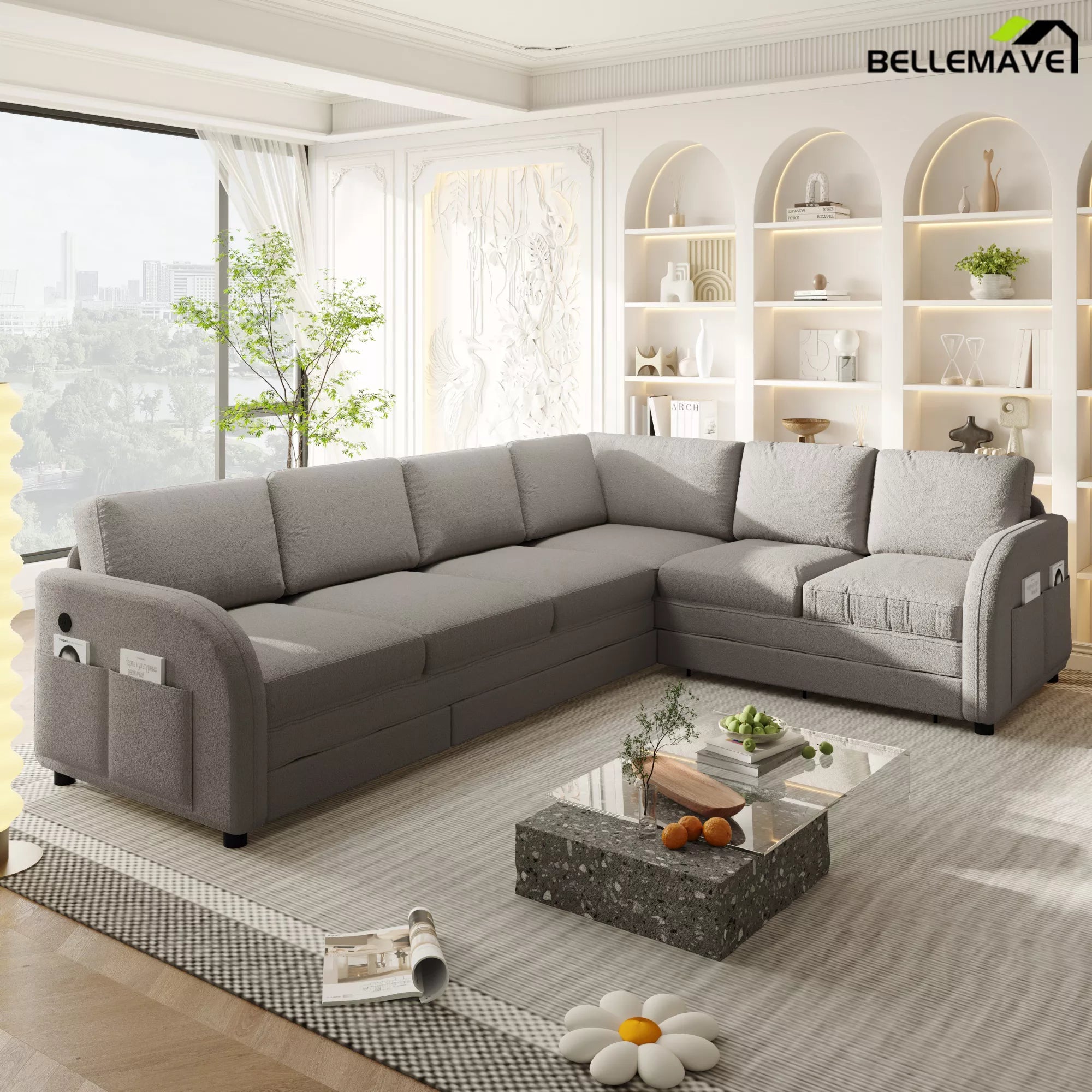 Gray sectional sofa with storage pockets
