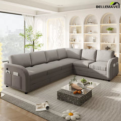 Gray sectional sofa with storage pockets