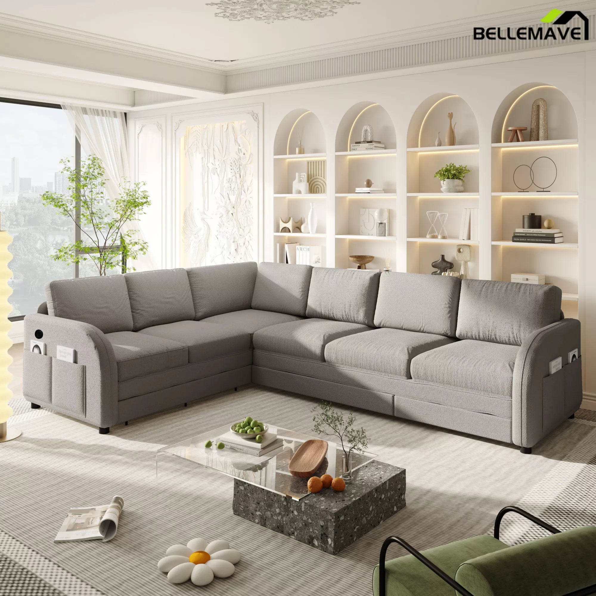 Gray L shaped sleeper sofa living room setup