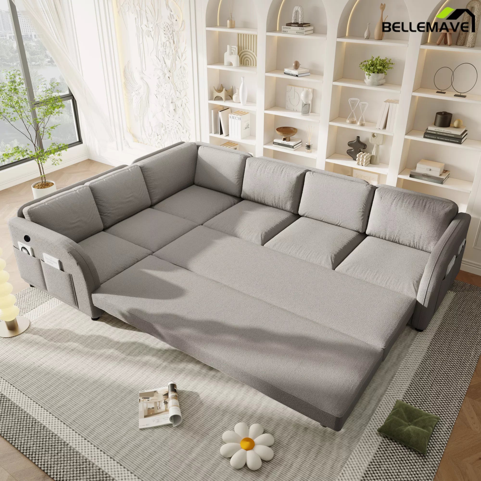 Gray pull out bed sofa open configuration