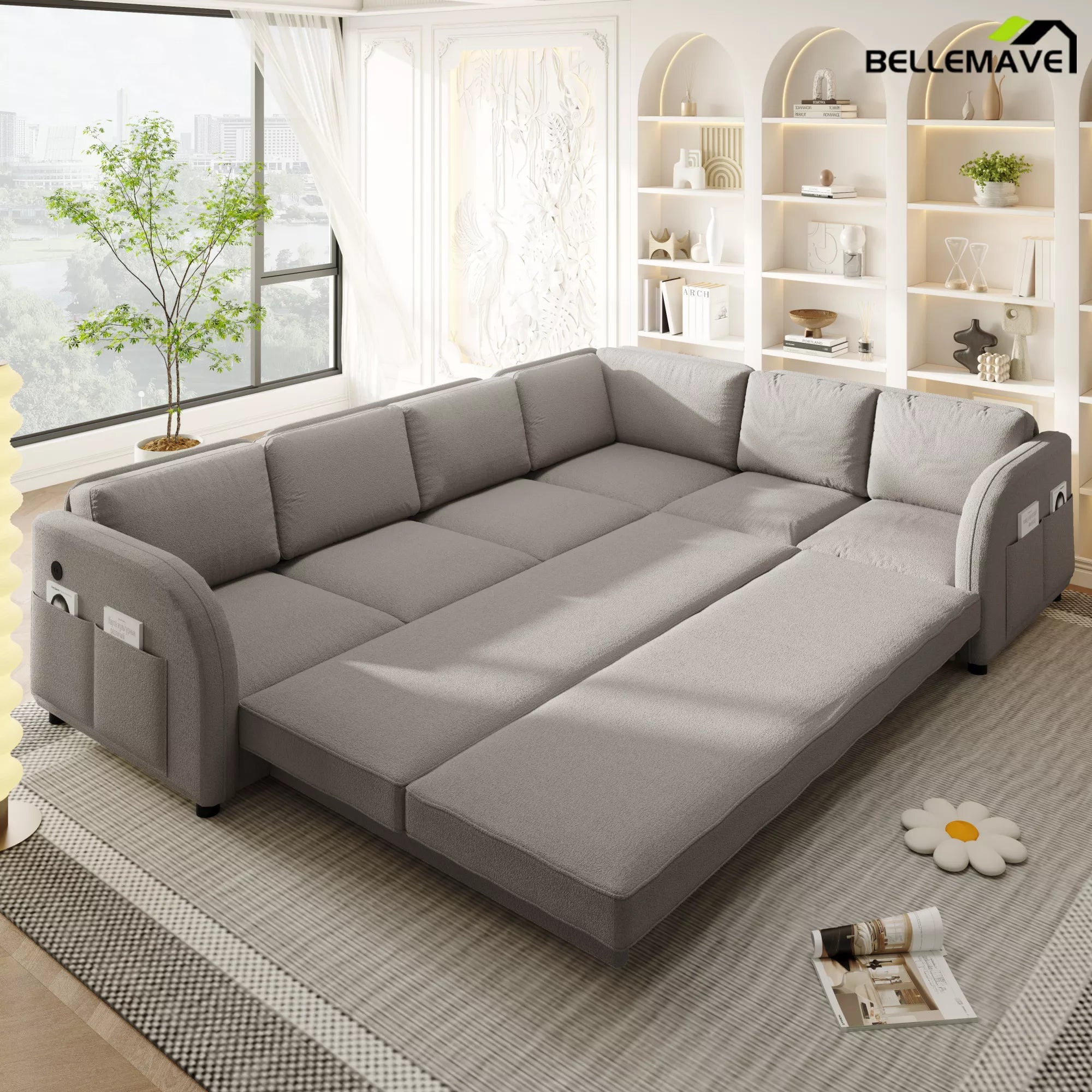 Gray sleeper sofa bed fully extended