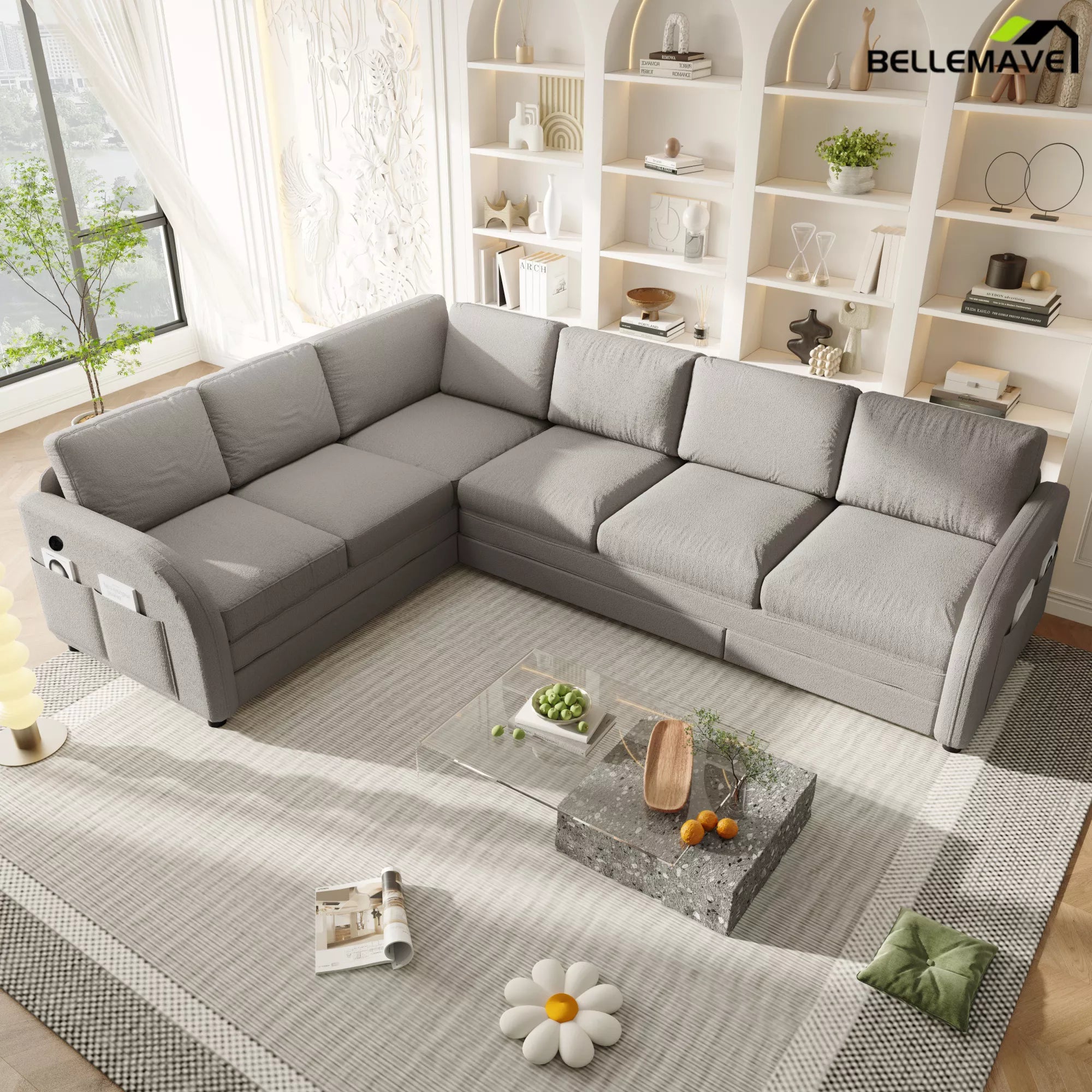 Gray L shaped sofa side angle view