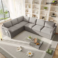 Gray L shaped sofa side angle view