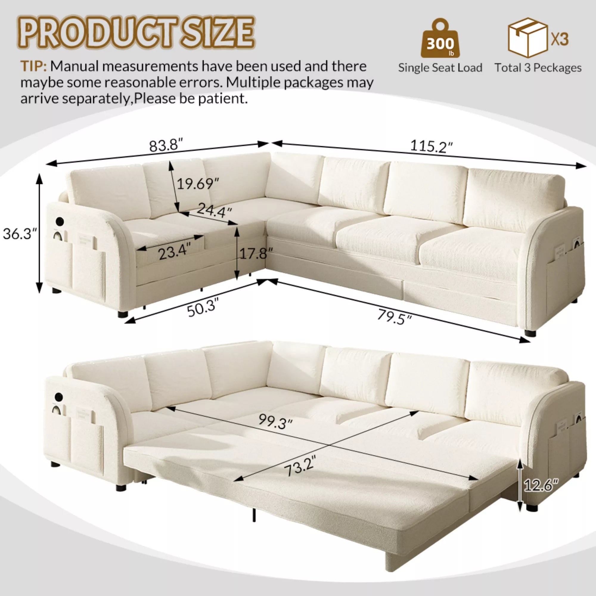 115.2 inch L shaped sleeper sofa dimensions with pull out bed and reversible chaise