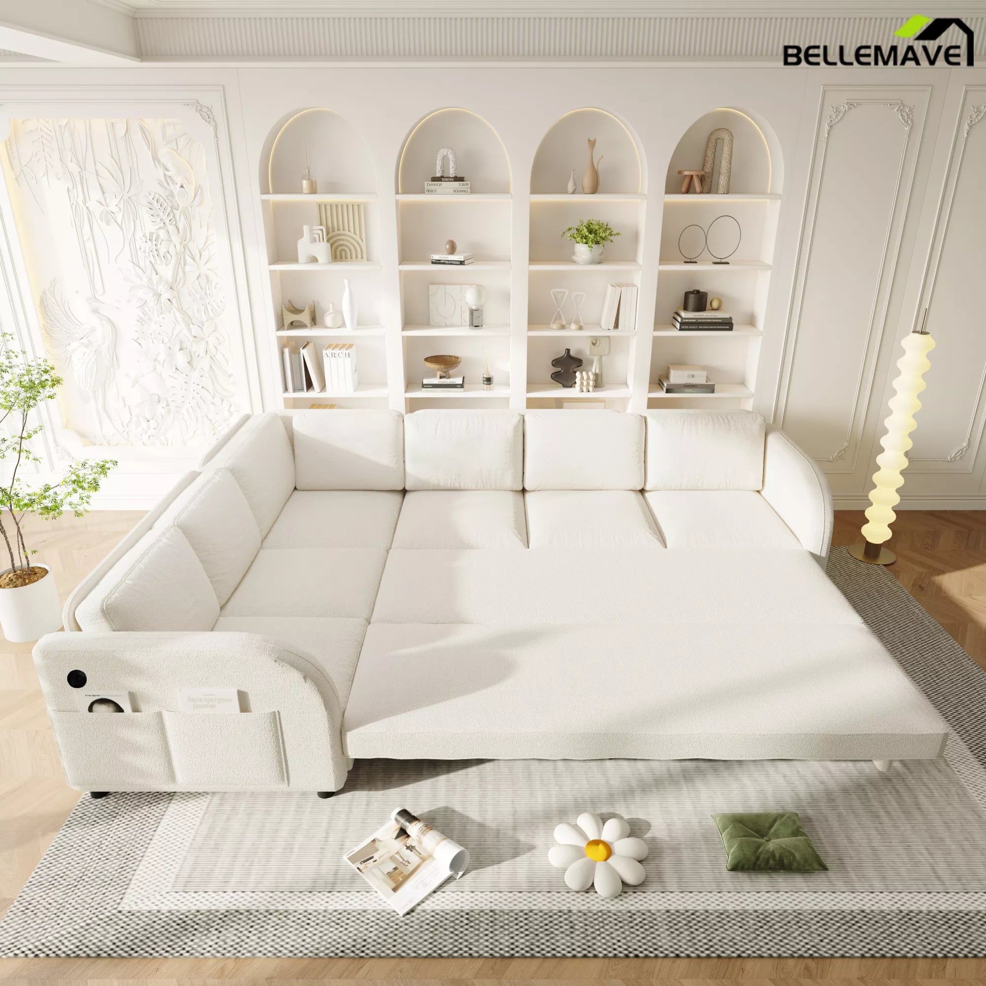 White sleeper sofa converted into bed