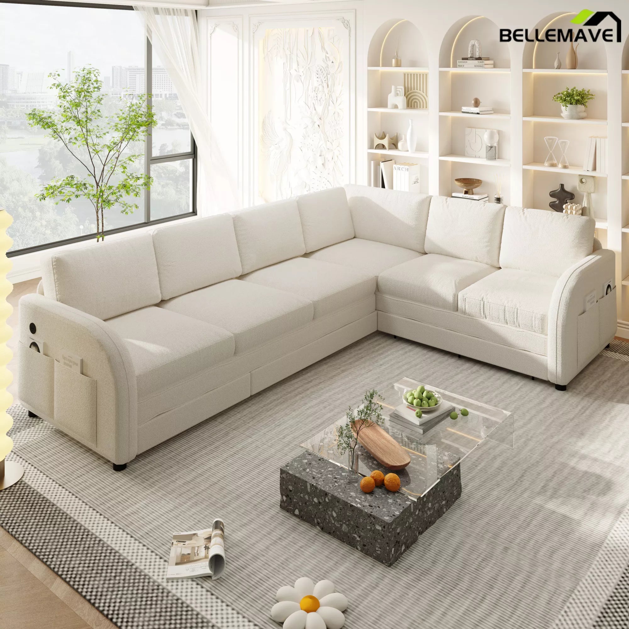 White L shaped sofa couch living room setup