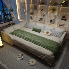 White sofa bed nighttime sleeping setup