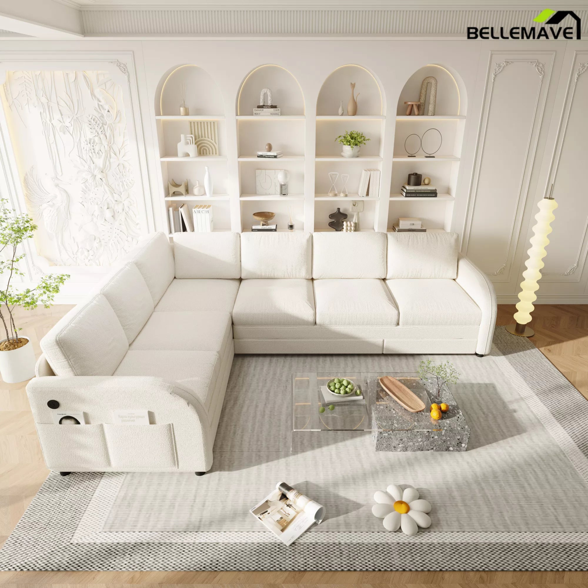 White L shaped sleeper sofa extended bed