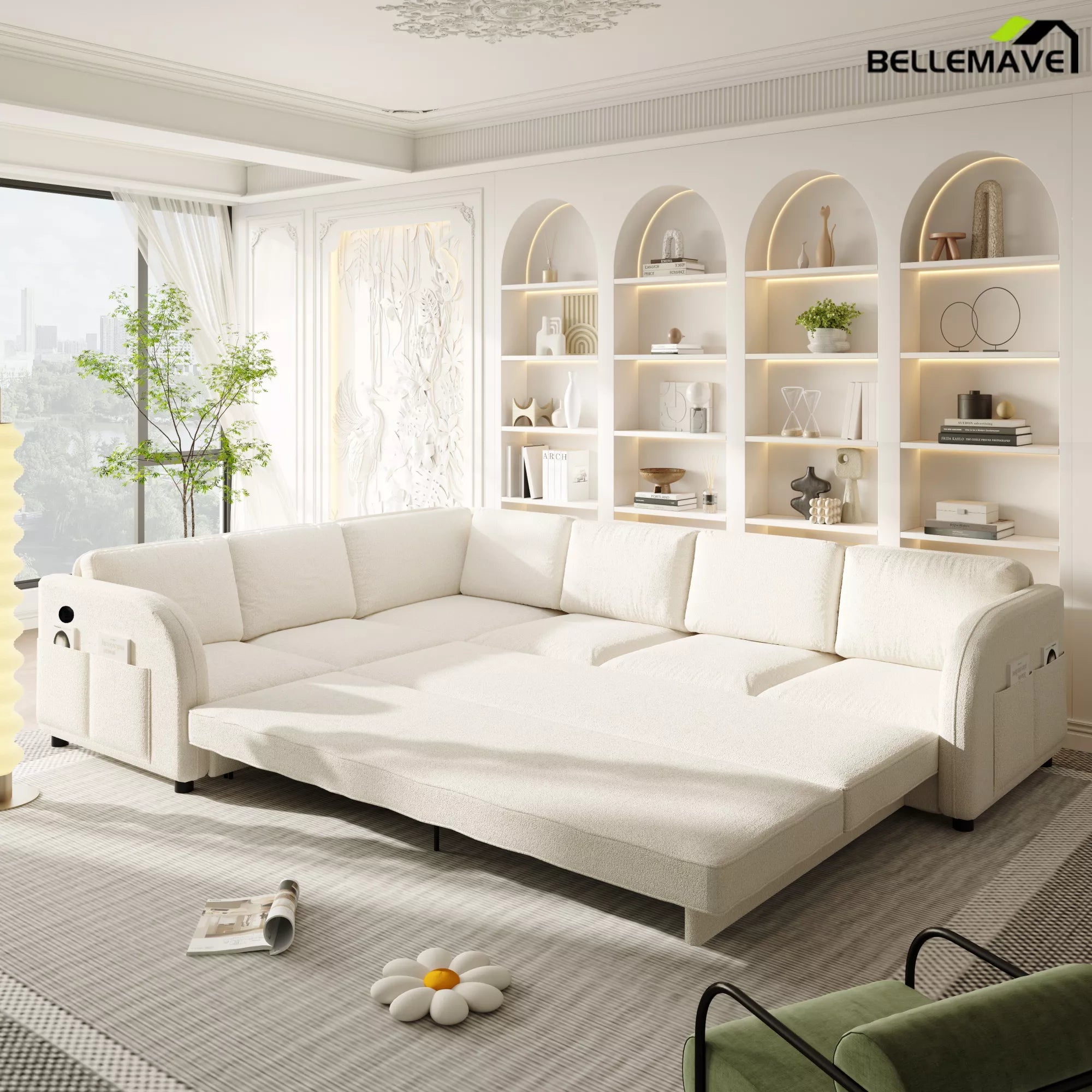 White sectional sofa bed front view