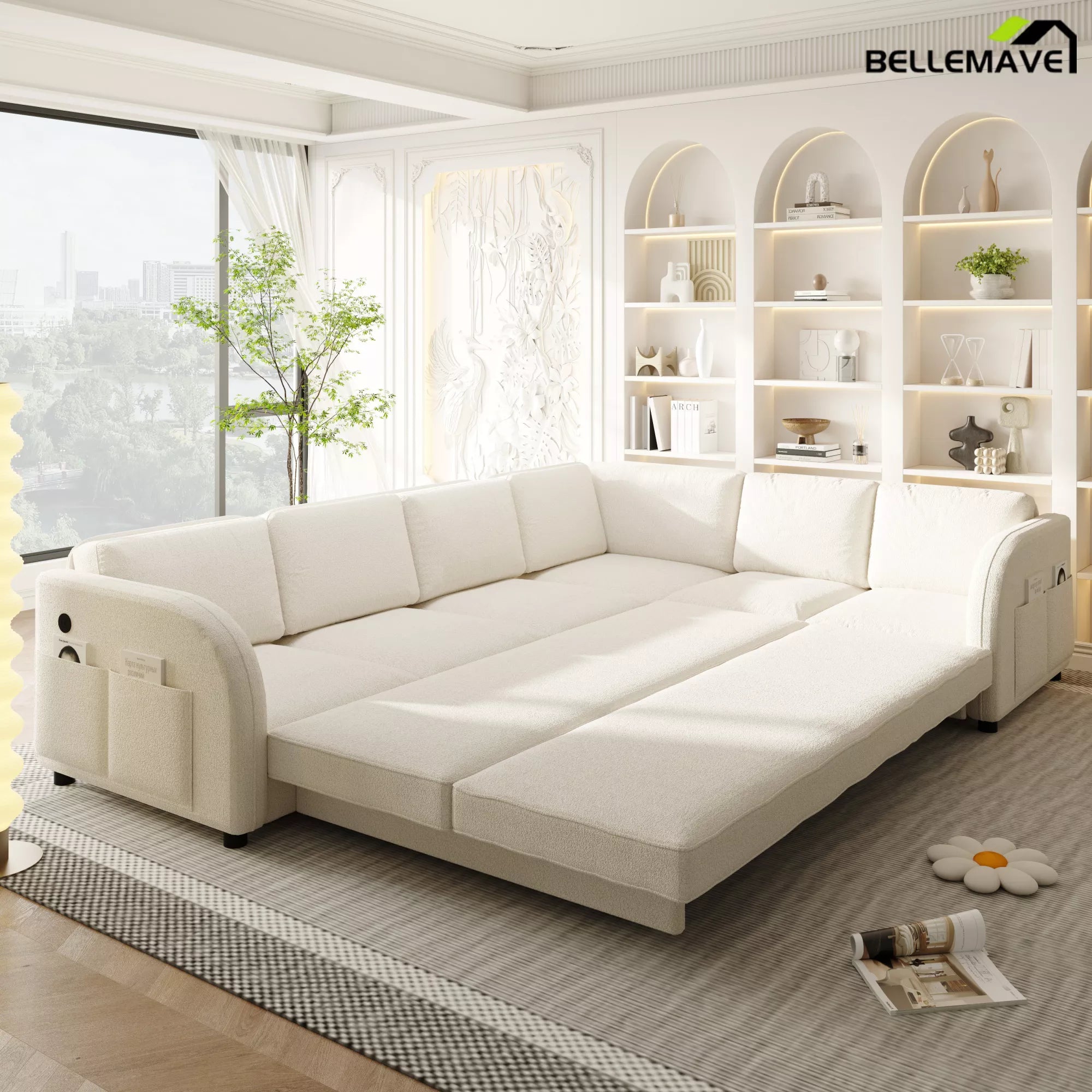 White pull out sleeper sofa open position