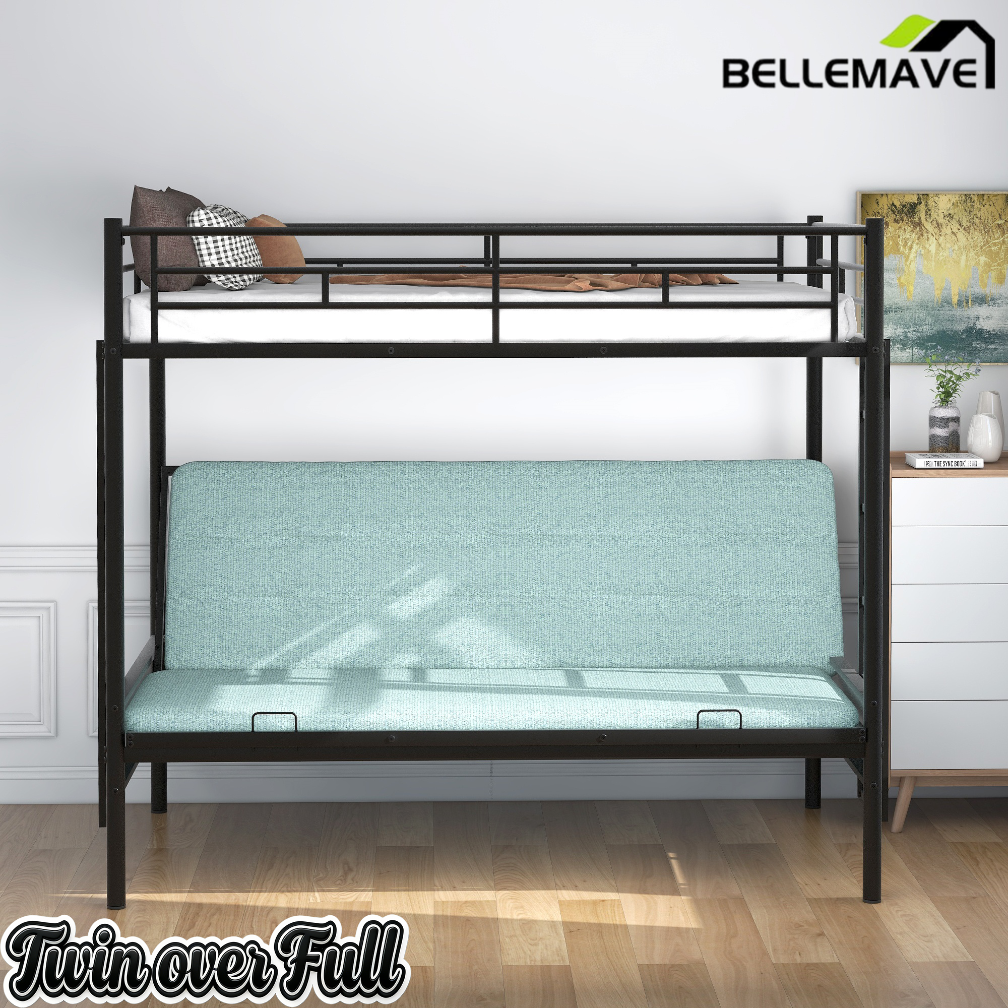 Bellemave Twin Over Full Metal Bunk Bed with Two Side Ladders & Guardrail, Bottom Full Size Bunk Bed Can be Converted into Futon/Seat(Black) Bellemave
