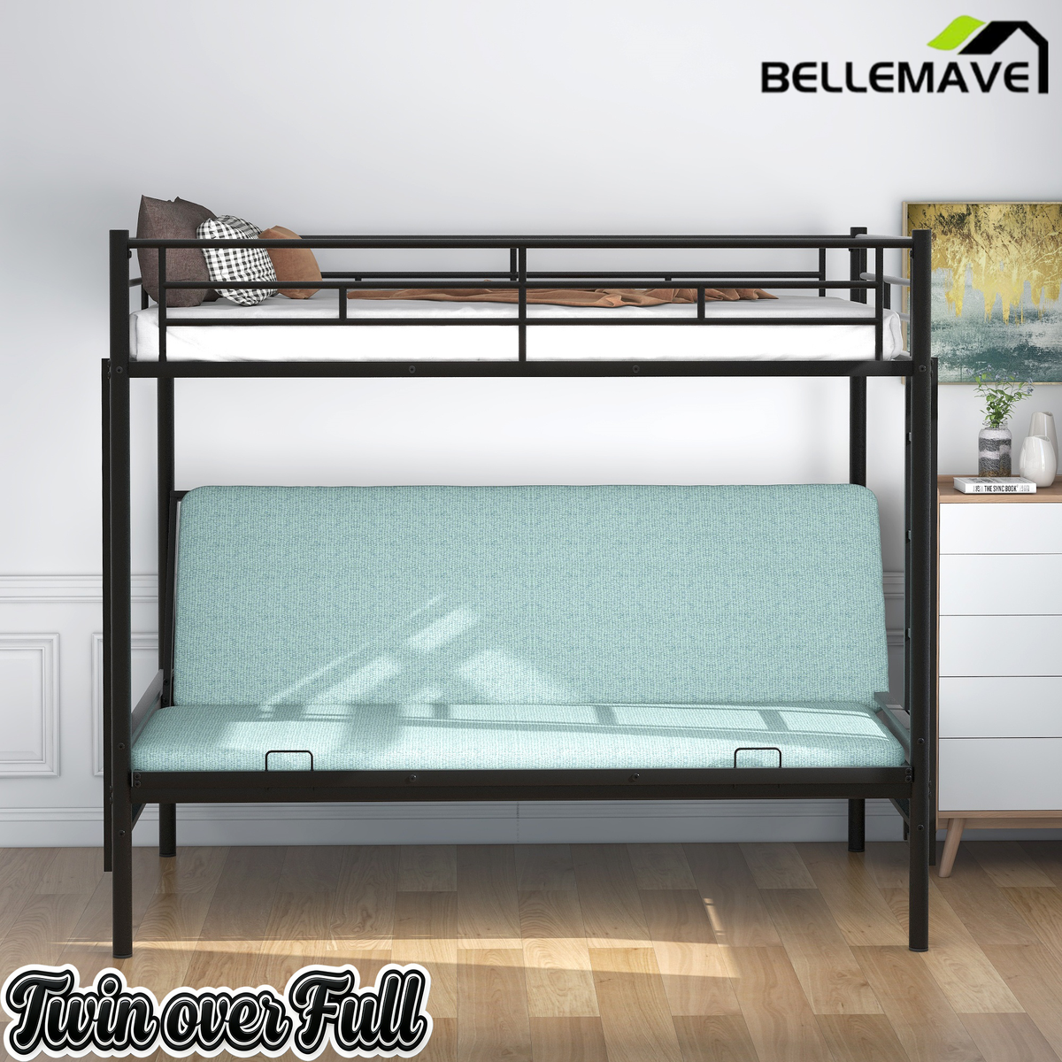 Bellemave Twin Over Full Metal Bunk Bed with Two Side Ladders & Guardrail, Bottom Full Size Bunk Bed Can be Converted into Futon/Seat(Black) Bellemave