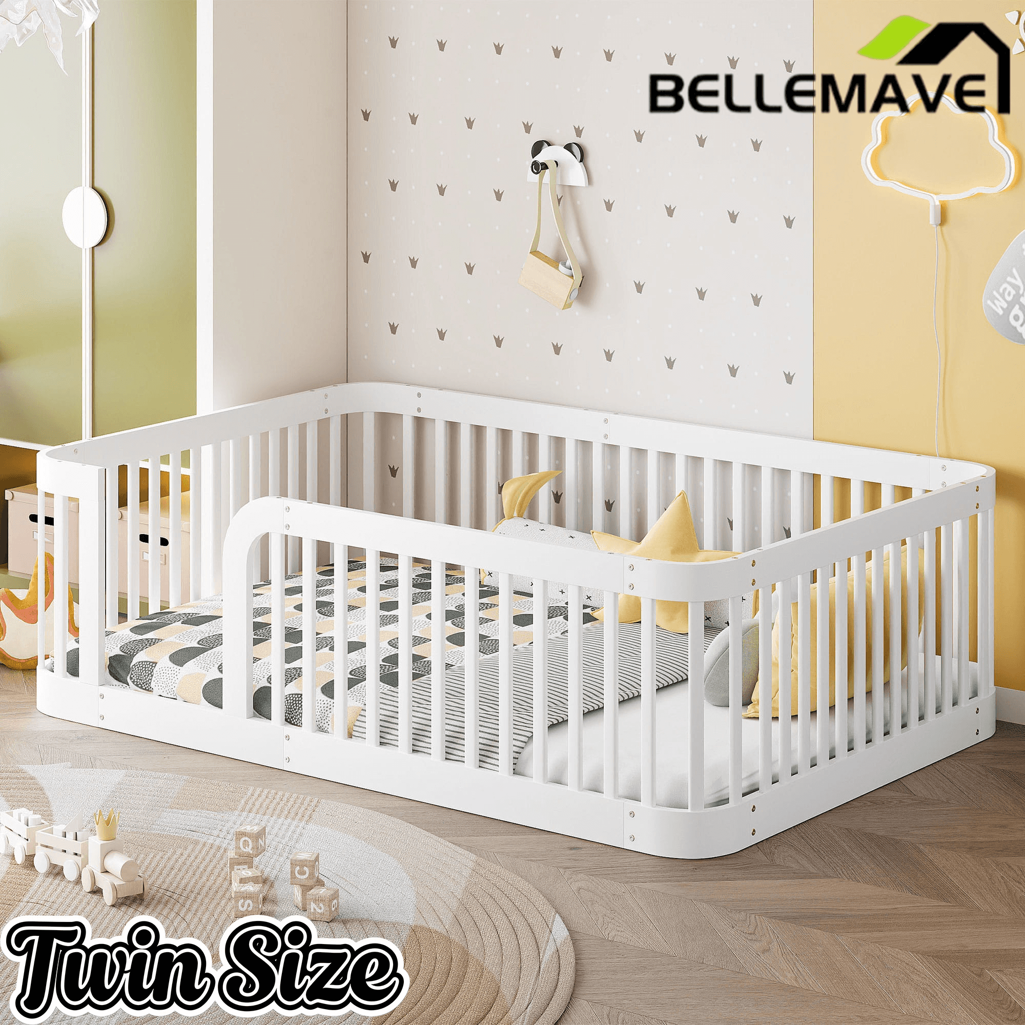 Bellemave® Twin Size Wood Montessori Floor Bed with Fence Bellemave®
