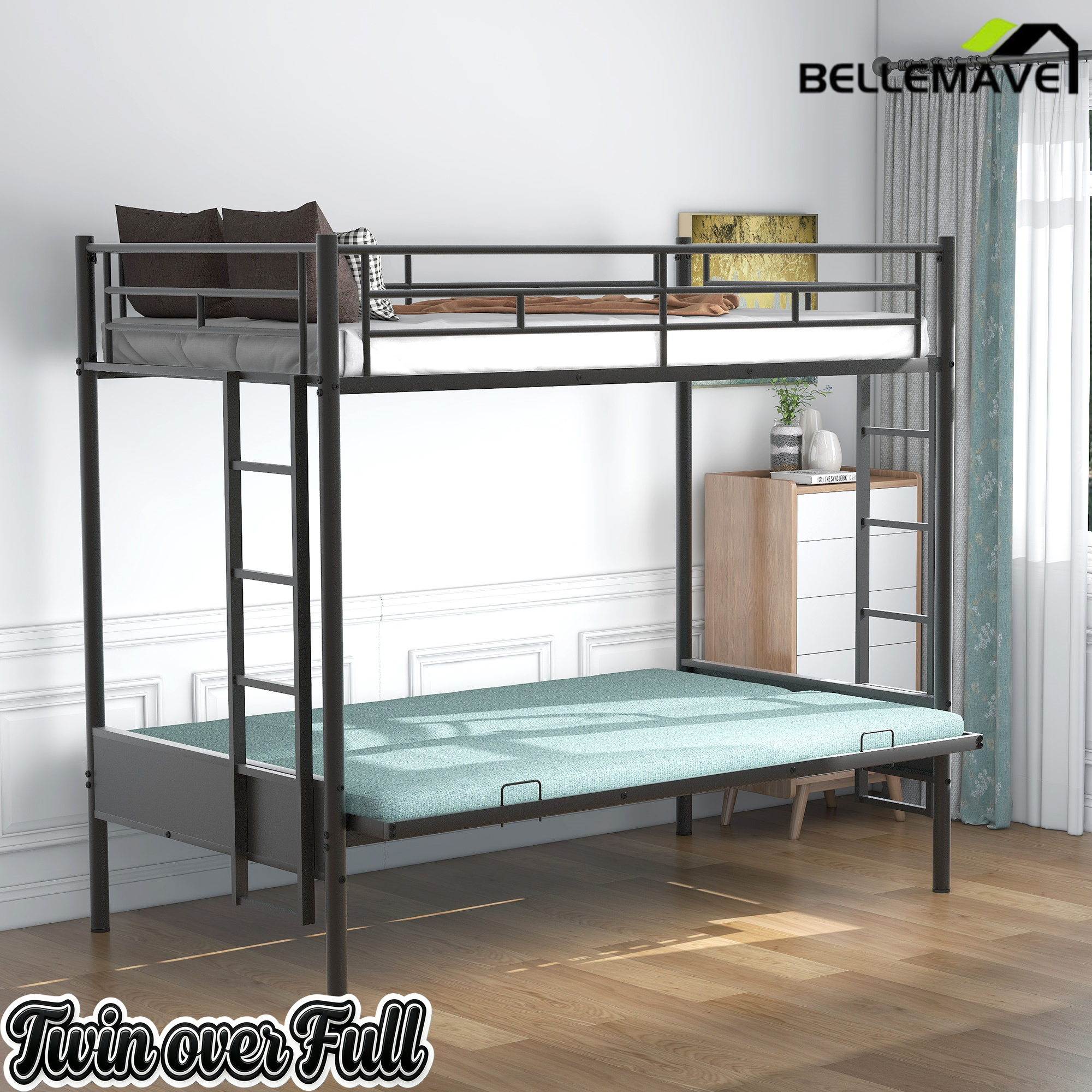 Bellemave Twin Over Full Metal Bunk Bed with Two Side Ladders & Guardrail, Bottom Full Size Bunk Bed Can be Converted into Futon/Seat(Black) Bellemave
