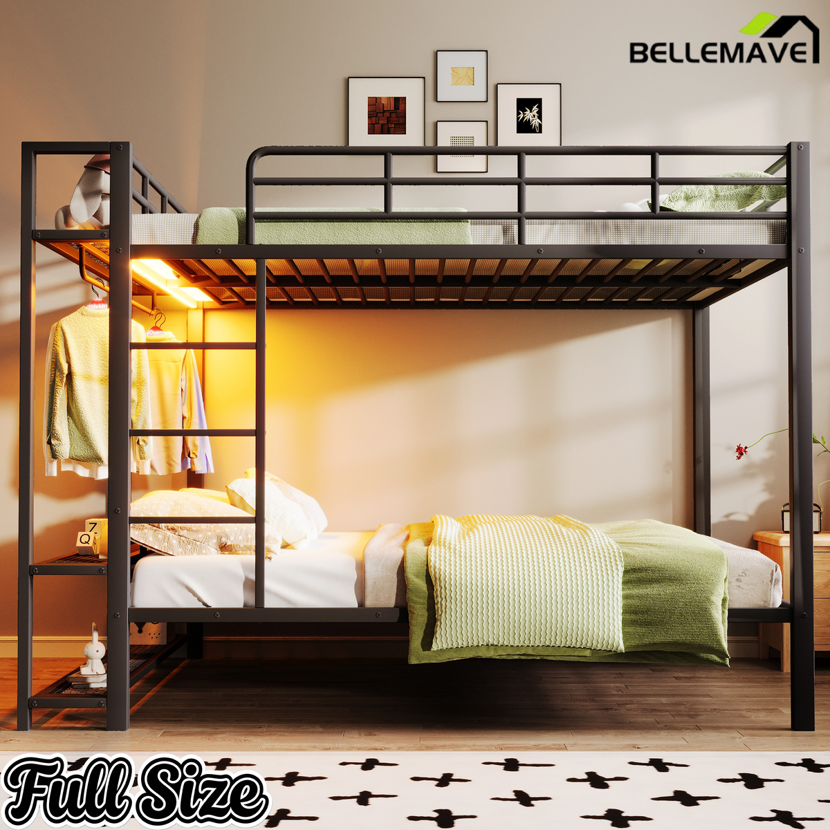 Bellemave® Bunk Bed Full Over Full,Metal Bunk Bed with Shelf, Guardrails, Storage Shelves & Clothes Hooks Bellemave®