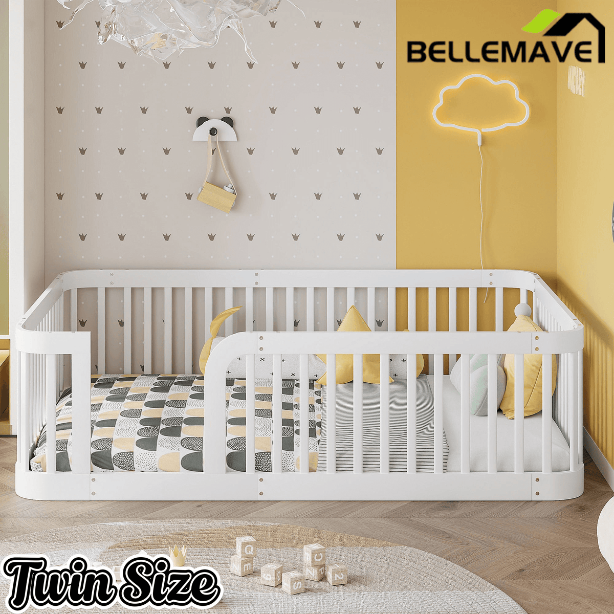 Bellemave® Twin Size Wood Montessori Floor Bed with Fence Bellemave®