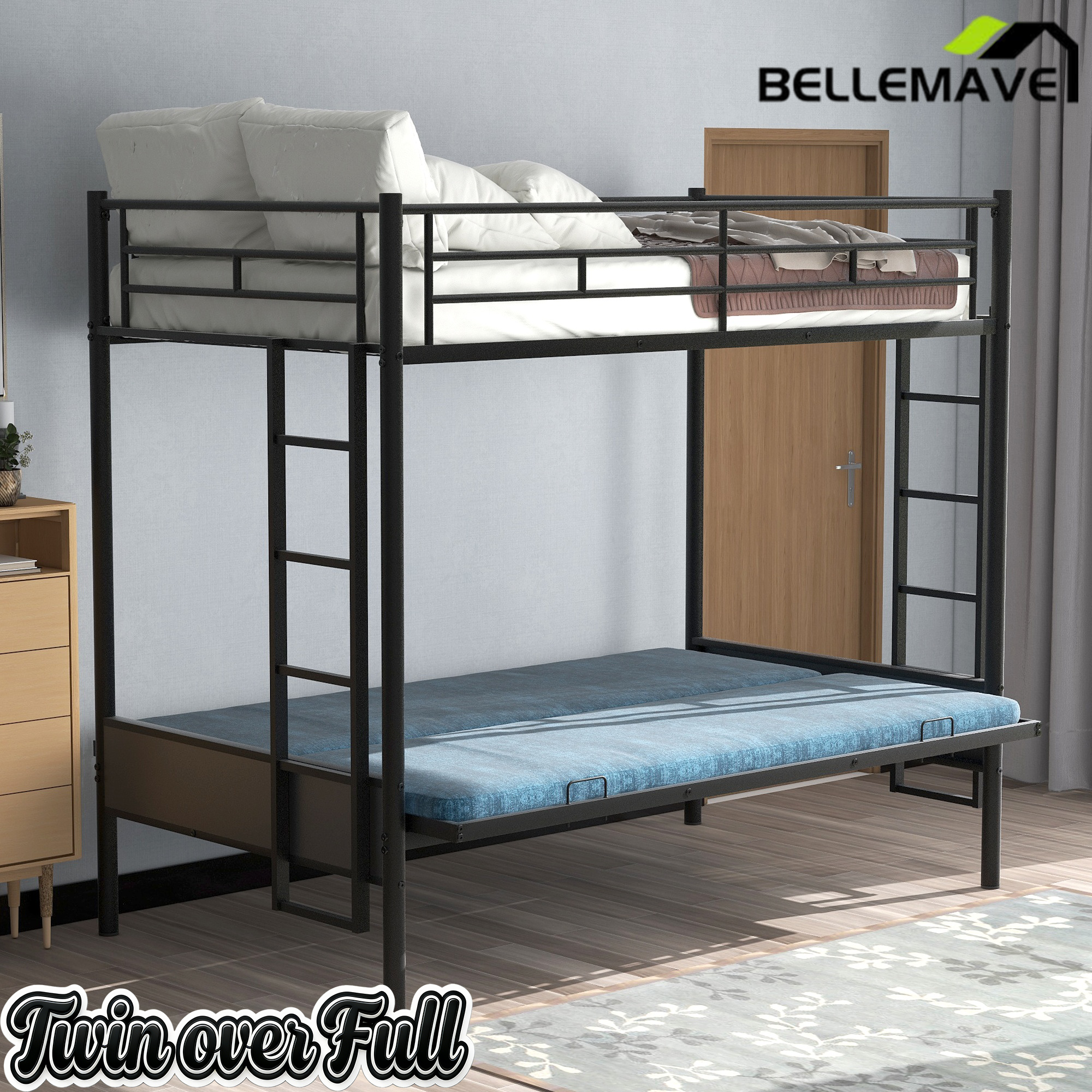 Bellemave Twin Over Full Metal Bunk Bed with Two Side Ladders & Guardrail, Bottom Full Size Bunk Bed Can be Converted into Futon/Seat(Black) Bellemave