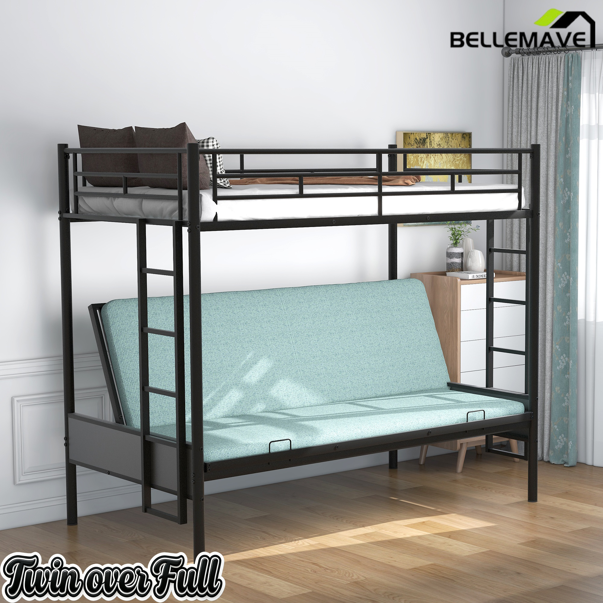 Bellemave Twin Over Full Metal Bunk Bed with Two Side Ladders & Guardrail, Bottom Full Size Bunk Bed Can be Converted into Futon/Seat(Black) Bellemave