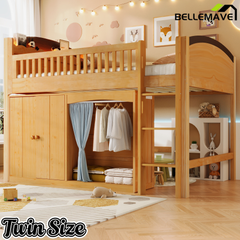 Bellemave® Twin Size Loft Bed with Storage Cabinet, Wardrobe and LED – Space-Saving Kids & Teens Loft Bed Bellemave®