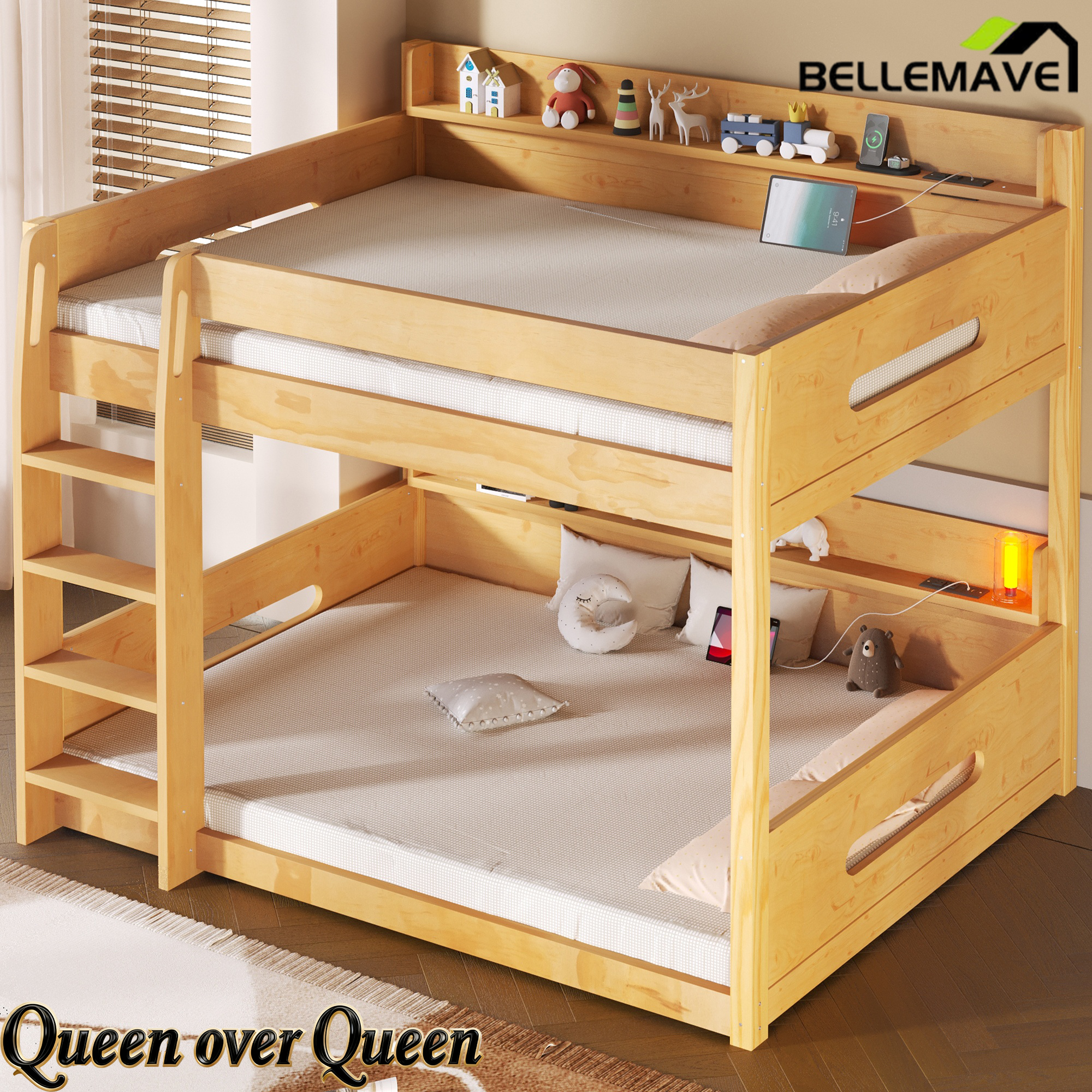Bellemave® Queen Over Queen Bunk Bed with Storage Shelves, Plug Outlets, USB Ports & Guardrails Bellemave®
