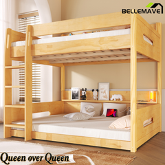 Bellemave® Queen Over Queen Bunk Bed with Storage Shelves, Plug Outlets, USB Ports & Guardrails Bellemave®
