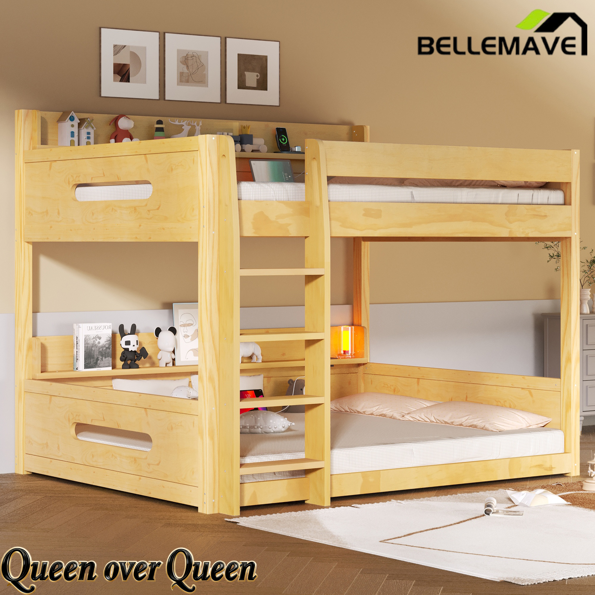 Bellemave® Queen Over Queen Bunk Bed with Storage Shelves, Plug Outlets, USB Ports & Guardrails Bellemave®