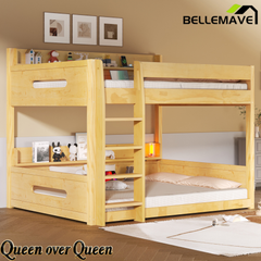 Bellemave® Queen Over Queen Bunk Bed with Storage Shelves, Plug Outlets, USB Ports & Guardrails Bellemave®