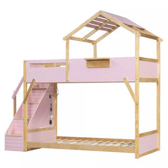 Bellemave® Twin Over Twin & Full Over Full House Bunk Bed with Stairs and 3-Color LED Lights for Kids and Teens