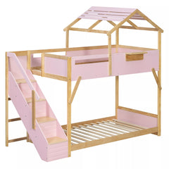Bellemave® Twin Over Twin & Full Over Full House Bunk Bed with Stairs and 3-Color LED Lights for Kids and Teens