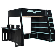 Bellemave® Gaming Loft Bed with Desk and Shelves,Esports Design for PC & Console Gamers,Full Size Wood Loft Bed Frame with RGB Light Bellemave®