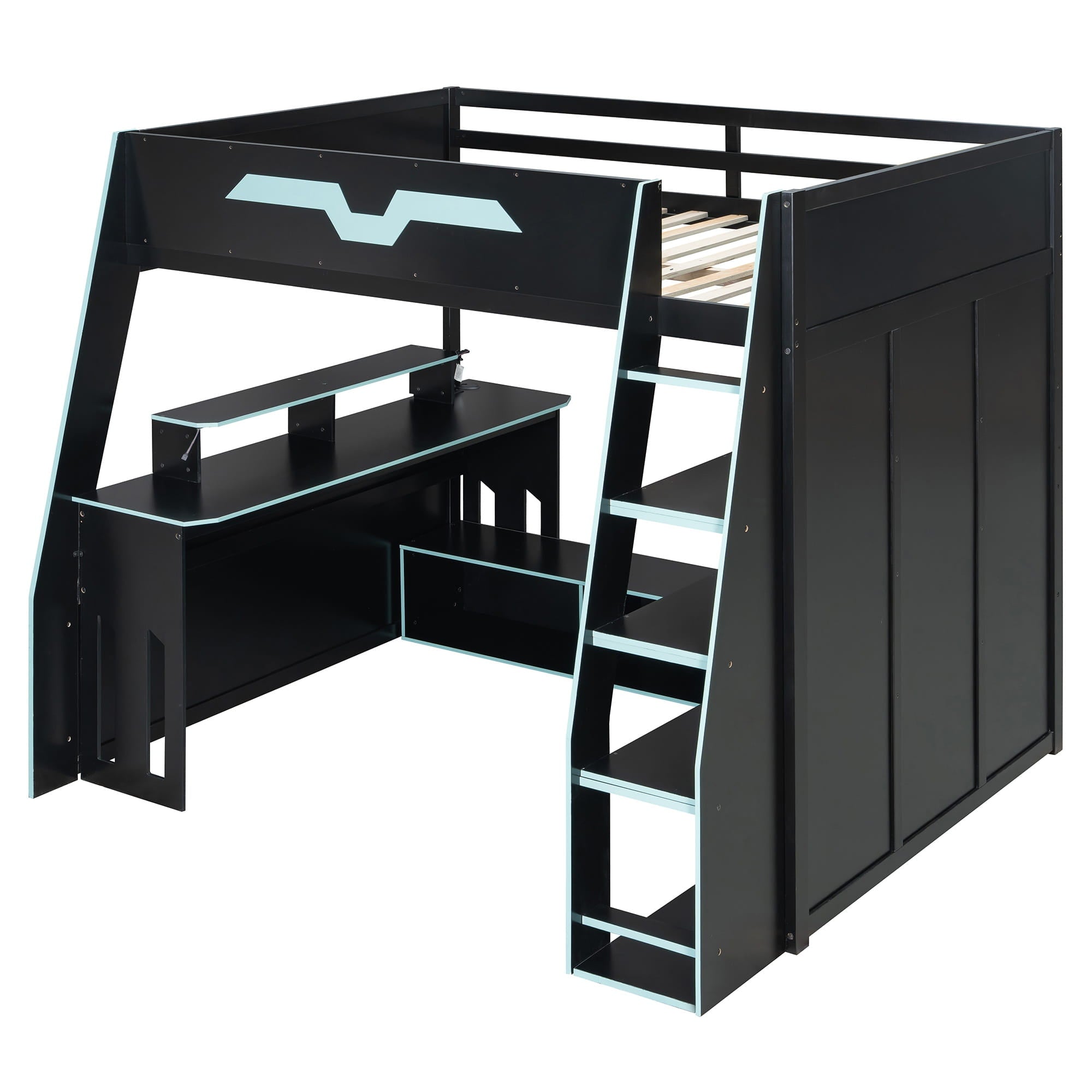 Bellemave® Gaming Loft Bed with Desk and Shelves,Esports Design for PC & Console Gamers,Full Size Wood Loft Bed Frame with RGB Light Bellemave®