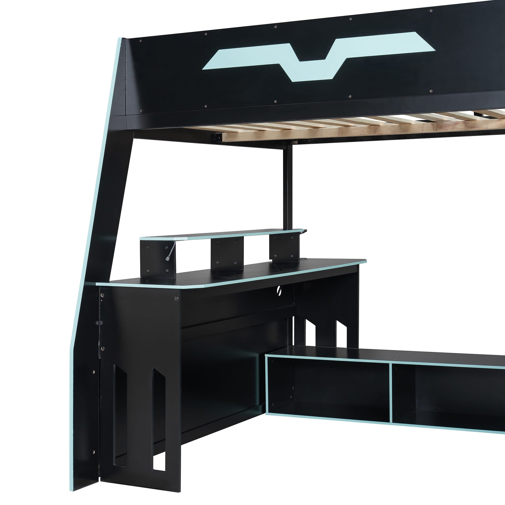 Bellemave® Gaming Loft Bed with Desk and Shelves,Esports Design for PC & Console Gamers,Full Size Wood Loft Bed Frame with RGB Light Bellemave®