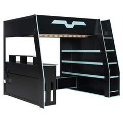 Bellemave® Gaming Loft Bed with Desk and Shelves,Esports Design for PC & Console Gamers,Full Size Wood Loft Bed Frame with RGB Light Bellemave®